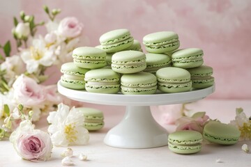 Lime macarons are stacked on a cake stand with pink floral accents. Use this sweet treat picture for baking blogs or dessert-themed menus.