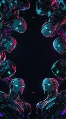 Fototapeta premium Futuristic robotic heads with glowing blue and pink accents in symmetrical arrangement