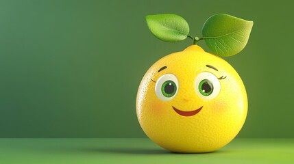 Bright and cheerful 3D-rendered citrus character with a smiling face and green leaf, featuring textured yellow peel, against a gradient green background evoking freshness and joy.. AI Generation. AI