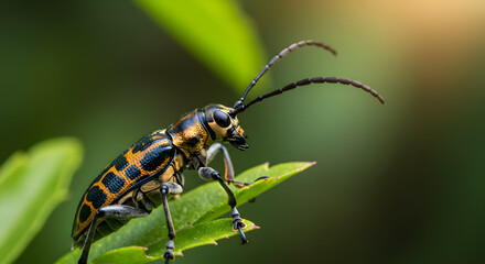 Vibrant longhorn beetle resting on a verdant leaf in a close-up composition