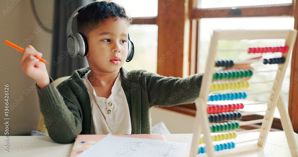 Poster headphones, homework and child in home with abacus for online learning, education and math lesson. f