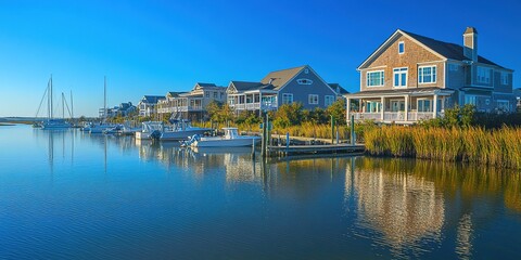 Obraz premium A row of houses by the water,primarily white and blue, with a dock and docked sailboats in front, surrounded by tall reeds, a clear blue sky in the background