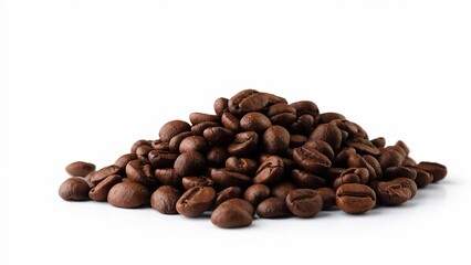 Roasted coffeebeans display texture forming mound in studio setting on plain background
