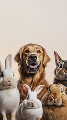Fototapeta premium Golden retriever and rabbits in a friendly gathering on a soft pastel background