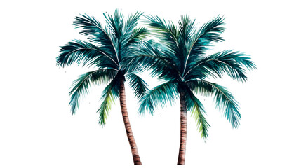 Two palm trees on a black background in detailed drawing , cut out transparent