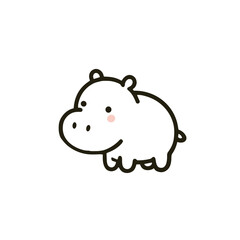 Cute doodle hippo illustration, kawaii style with pink blush, representing charm and simplicity, icon design, with copy space