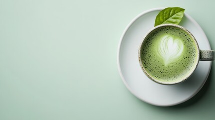 top view green matcha drink on a mug with bubbles and foam with herb tea