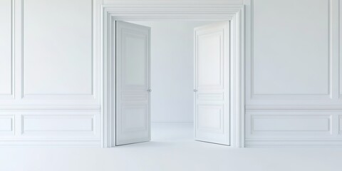 An open white double door, with a white door frame and walls featuring decorative molding, creating a simple and elegant indoor atmosphere