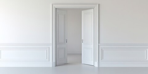 An open white double door, with a white door frame and walls featuring decorative molding, creating a simple and elegant indoor atmosphere