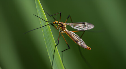 Fototapeta premium Detailed macro shot showcasing a crane fly resting on a vibrant green blade