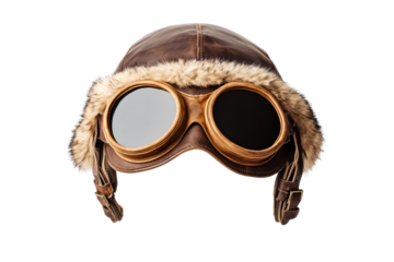 Vintage aviator hat with goggles, fur trim, old style, cut out transparent