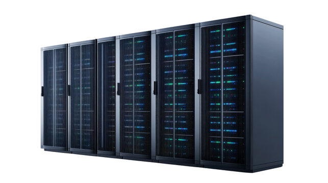 Data center with server racks and flashing lights, cut out transparent