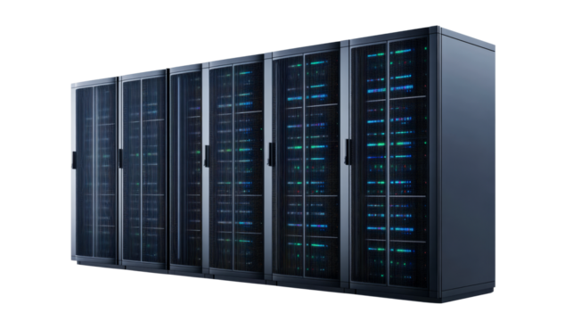 Data center with server racks and flashing lights, cut out transparent