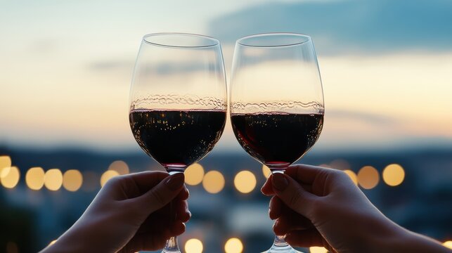 city rooftop wine party, friends on a rooftop bar, toasting with wine glasses and enjoying the city skyline view at dusk during national wine day - Powered by Adobe