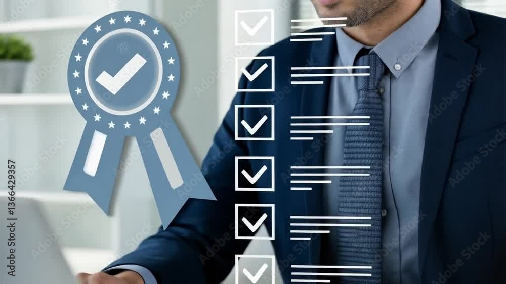 Poster man in suit working on laptop with quality assurance checklist graphic overlay at desk in office