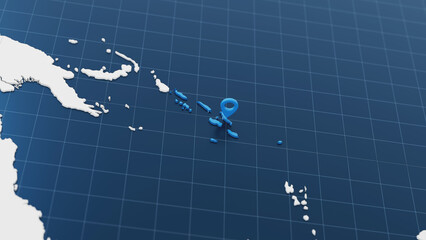 Blue Solomon Islands 3d map with pointer pin surrounded with other countries in white. Political map with borders. 3d render illustration