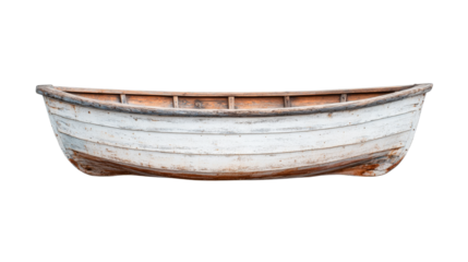 Vintage weathered wooden rowboat with chipped paint, cut out transparent