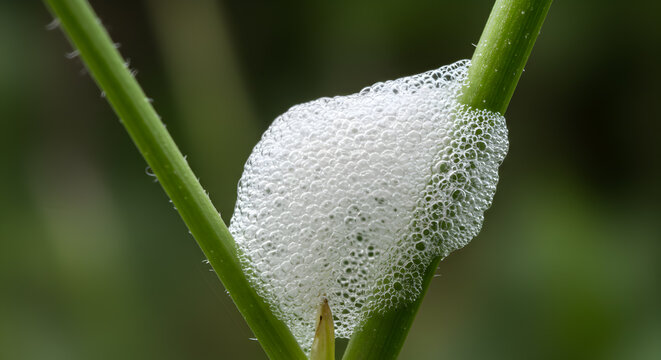 Close-up of spittlebug foam on a vibrant green plant stem in nature