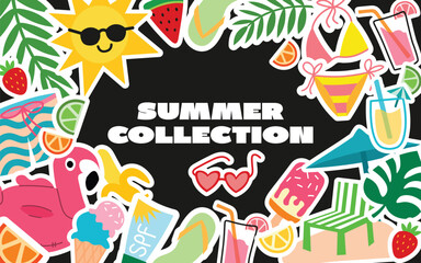Retro 90s Summer Beach Sticker Pack – Funky Groovy Vacation Vibes. Bright Summer Party, Sun, Swimwear, Shore and Beach Season Elements. Patches, Labels and Stamps Collection.