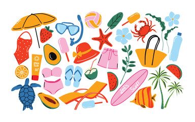 Retro 90s Summer Beach Sticker Pack – Funky Groovy Vacation Vibes. Bright Summer Party, Sun, Swimwear, Shore and Beach Season Elements. Patches, Labels and Stamps Collection.