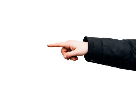 Hand pointing with black coat in an expressive gesture, cut out transparent