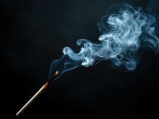 A close-up of a burning cigarette releasing wisps of smoke against a dark background. creating an atmospheric effect suitable for themes of addiction or relaxation