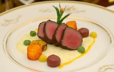 Gourmet Seared Venison Medallions with Creamy Sauce and Colorful Vegetables
