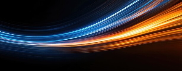 Abstract depiction of vibrant blue and orange light trails swirling dynamically against a dark background. suggesting movement and energy. ideal for technology or motion graphics