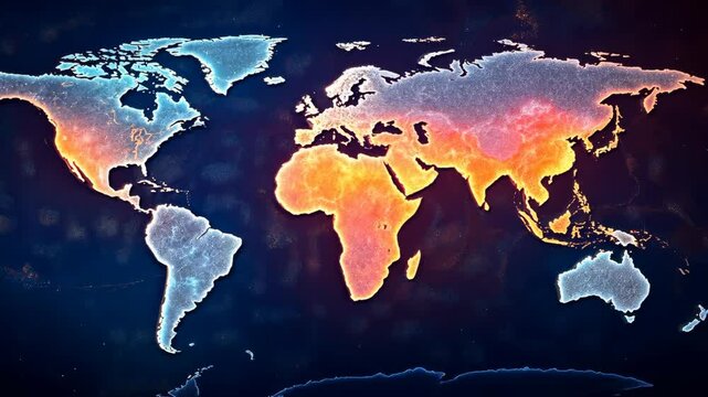 Colorful heat map of world continents on dark background for climate change, geography, data visualization, and global warming awareness