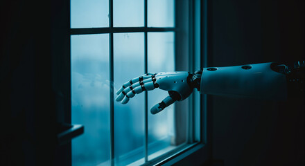 Robotic Hand Reaching Toward Window in Dimly Lit Room with Blue Ambient Light