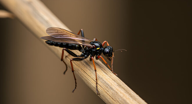 Close-up of a spider wasp perched delicately on a slender branch in nature
