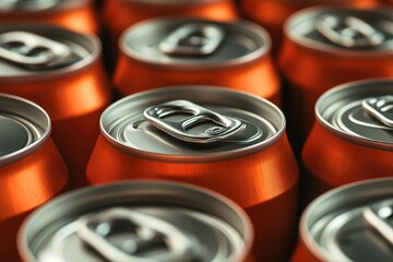 A close-up view of condensation-covered orange beverage cans arranged closely together. showcasing their metallic tops and vibrant color. ideal for advertising refreshment and summer enjoyment