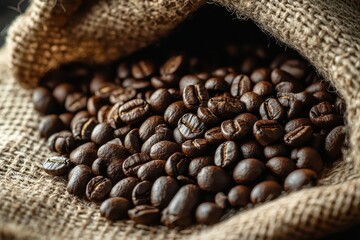 Roasted coffee beans spill out of a rustic burlap sack. Perfect for coffee shop menus or packaging designs.