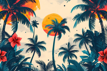 Hand-Drawn Tropical Flowers and Palm Trees – Summer Sunrise Aloha Illustration