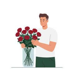 A young man carefully arranging vibrant red roses in a clear vase, showcasing a minimalistic design style in vector art