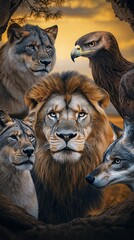 Majestic lion with lionesses, wolf, and eagle in golden sunset wildlife scene