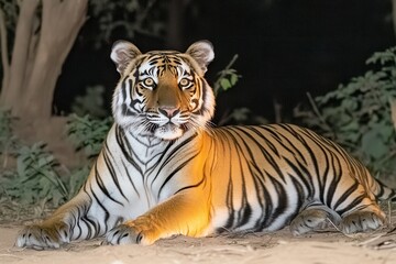 Obraz premium A majestic tiger in lush jungle foliage, showcasing its striped fur and intense gaze in its natural habitat.