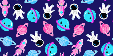 seamless space pattern astronauts, planets, and rockets on dark background cosmic vector design for textile, wrapping, and children's decor