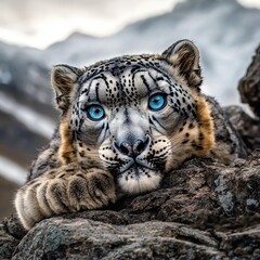 Obraz premium Majestic snow leopard with blue eyes resting on rocky terrain in mountain habitat