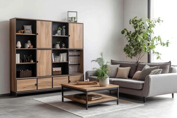 Fototapeta premium Modern living room featuring a stylish sofa with colorful cushions. a wooden coffee table. and a sleek cabinet. surrounded by indoor plants and natural light from large windows