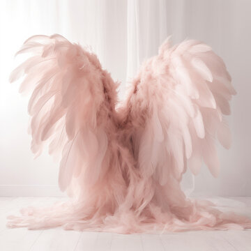 soft pink angel wings on white background
