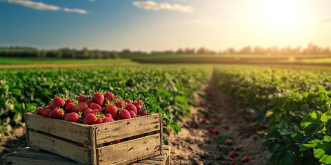 A strawberry field with a wooden crate filled with fresh red strawberries, surrounded by green strawberry plants, a blurred background of fields and distant trees