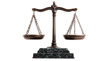 Antique brass balance scale on black background, cut out transparent