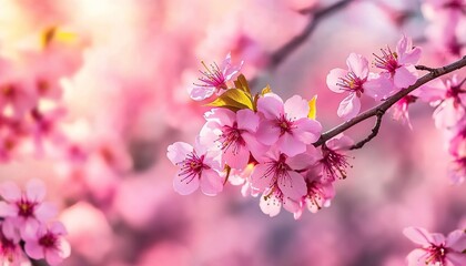 Obraz premium close-up pink cherry blossoms, soft lighting, shallow depth of field, delicate petals, pastel colors, bokeh background