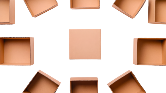 Cardboard boxes arranged on black background, cut out transparent