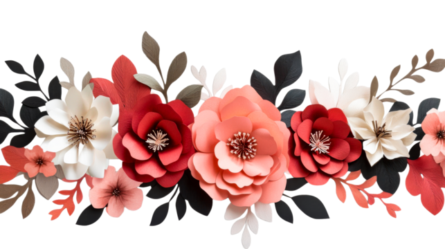 Papercraft Floral Border with Red, White, and Peach Flowers, cut out transparent