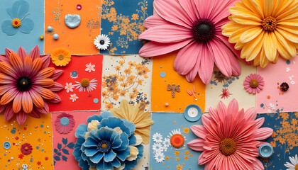 Floral patchwork: A vibrant illustration where each patchwork square is filled with different colors and textures, and in the center of each square are large buttons in contrasting colors.
