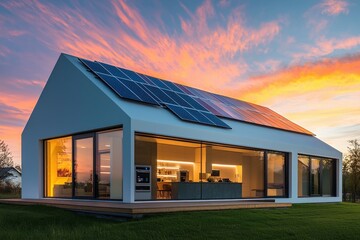 Modern eco-friendly house with solar panels and sunset glow