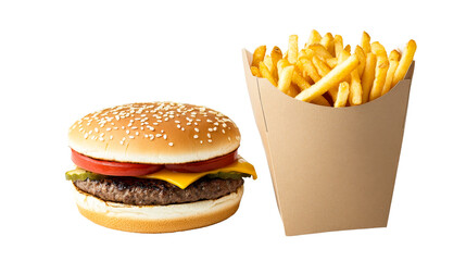 Cheeseburger with fries, fast food meal, isolated on black, cut out transparent