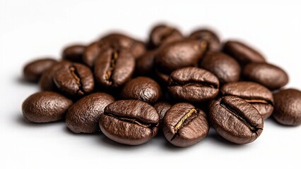 Naklejka premium Roasted coffeebeans scatter on plain background creating textural stilllife caffeine aroma enjoyment